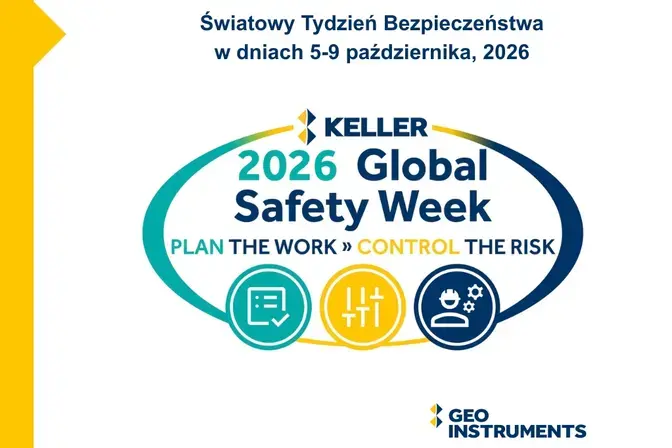 Grafika promująca Global Safety Week 2026 organizowany przez Keller i GEO-Instruments, poświęcony bezpieczeństwu pracy oraz zarządzaniu ryzykiem w dniach 5-9 października 2026.